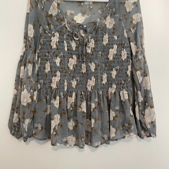 AMERICAN EAGLE Smocked Floral Blouse Blue Cream Ivory Long Sleeve Boho Peplum XS - Picture 6 of 15